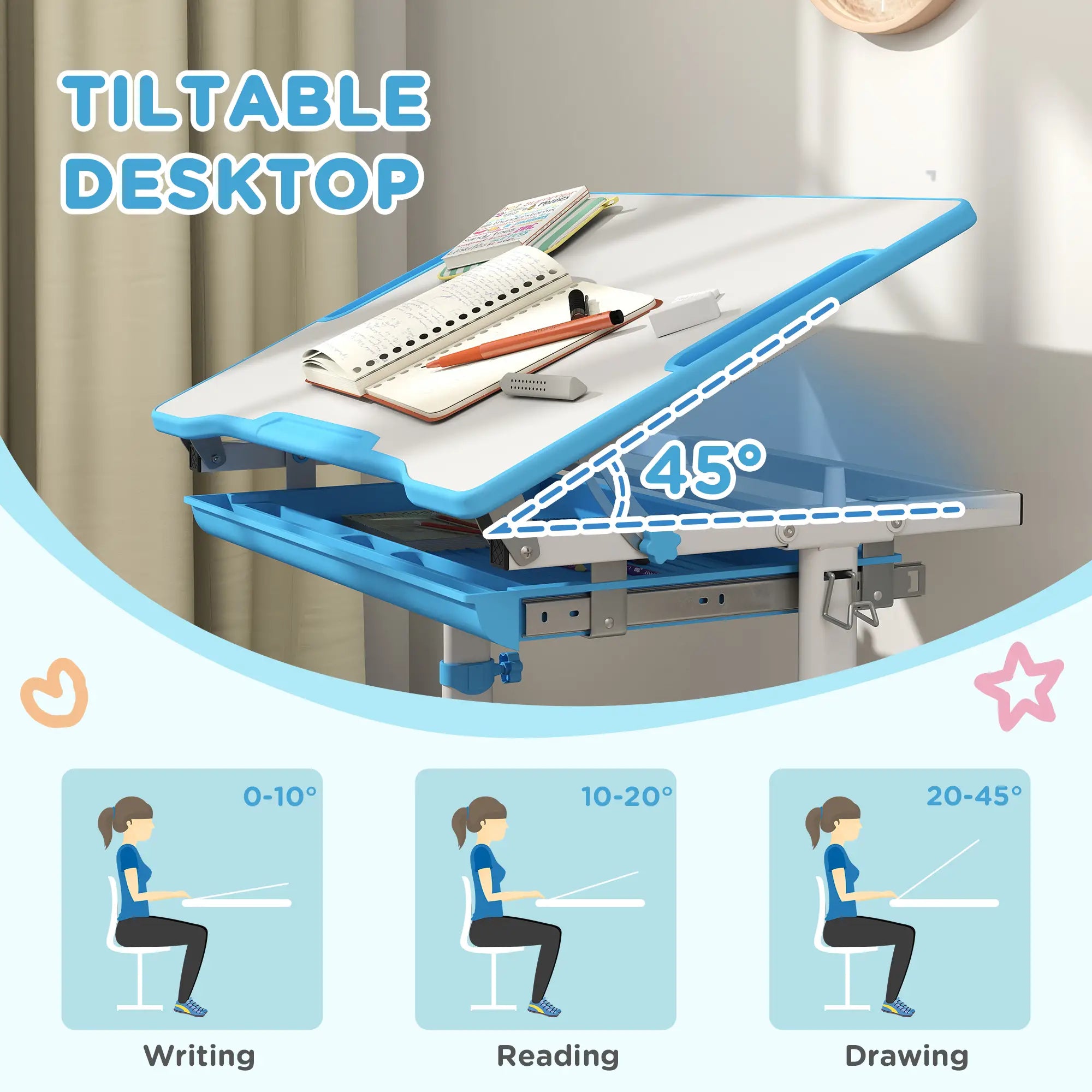 Adjustable Study Table, Chair Set with Drawer, Blue Kids Desk Sets at Gallery Canada