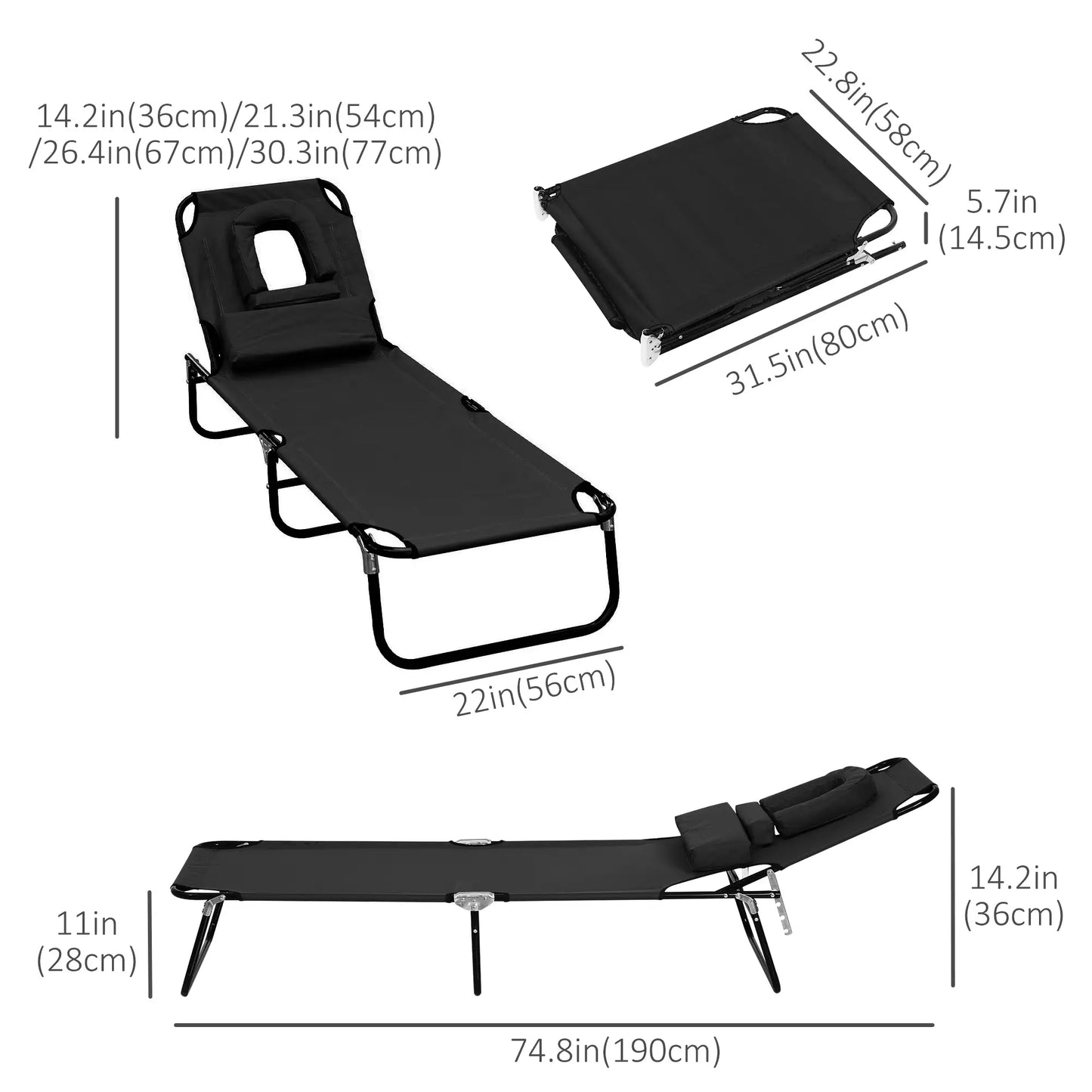 Folding Outdoor Lounge Chair, Reclining Beach Lounger, 4-Position Adjustable, Black Lounger Chairs at Gallery Canada