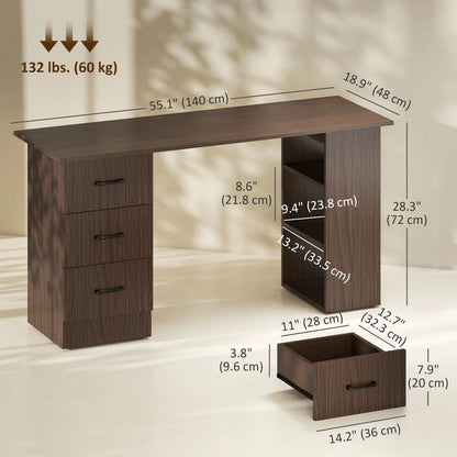 55 Inch Computer Desk, 3-Tier Shelves, 3 Reversible Drawers, Walnut Computer Desks at Gallery Canada