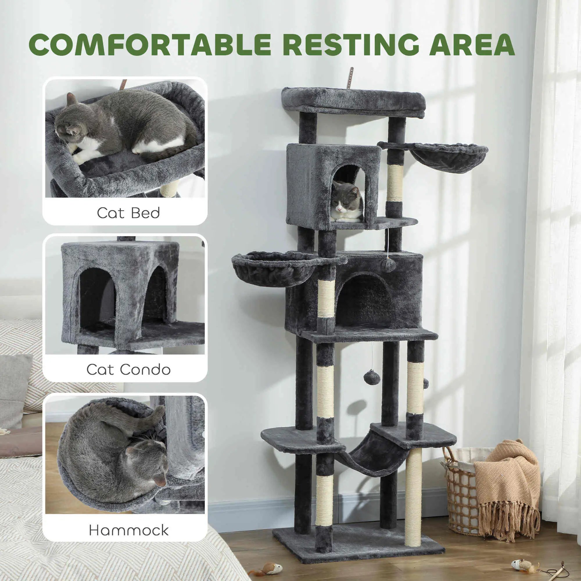 69 Inch Cat Tree, Multi-Level Tower, 2 Condos, Plush Perch, Sisal Posts, Dark Grey Cat Towers at Gallery Canada