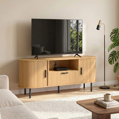 TV Stand for TVs up to 60", Modern Entertainment Center with Curved Sliding Doors and Storage, Natural Wood