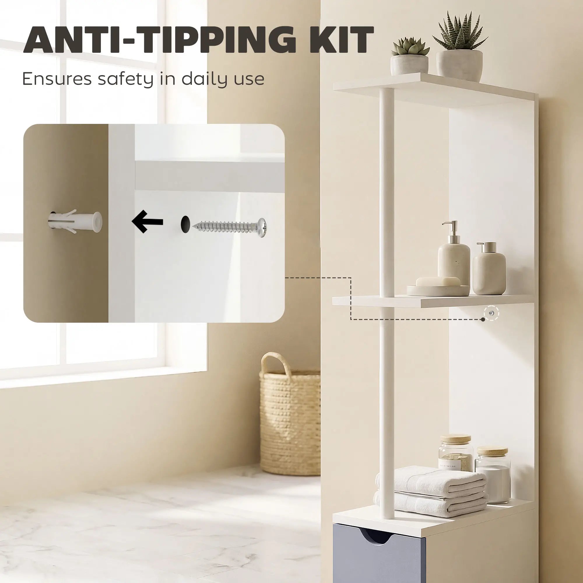 Tall Narrow Bathroom Storage Cabinet with Drawers, Open Shelves, White Grey Bathroom Cabinets at Gallery Canada