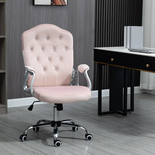 Velvet Office Chair, Button Tufted Desk Chair, Swivel Wheels, Adjustable Height, Pink