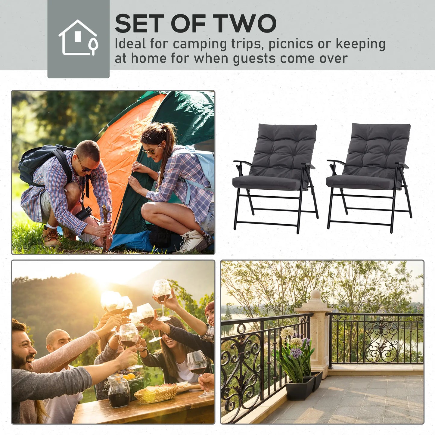 Outdoor Folding Chairs, Adjustable Backrest, Padded, Set of 2, Grey Patio Chairs at Gallery Canada