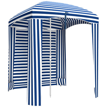 70.1" L x 70.1" W Cabana Umbrella With Walls, Vents, Ruffles, Carry Bag, Blue White Stripe