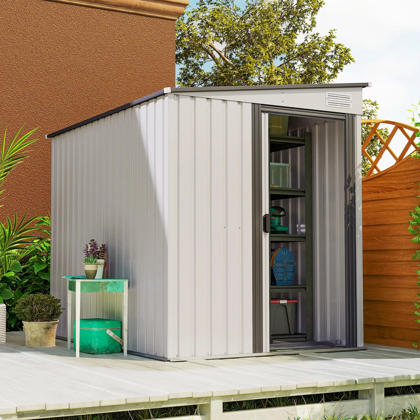 5'x7' Lean to Metal Shed, Sliding Door, 2 Vents, White