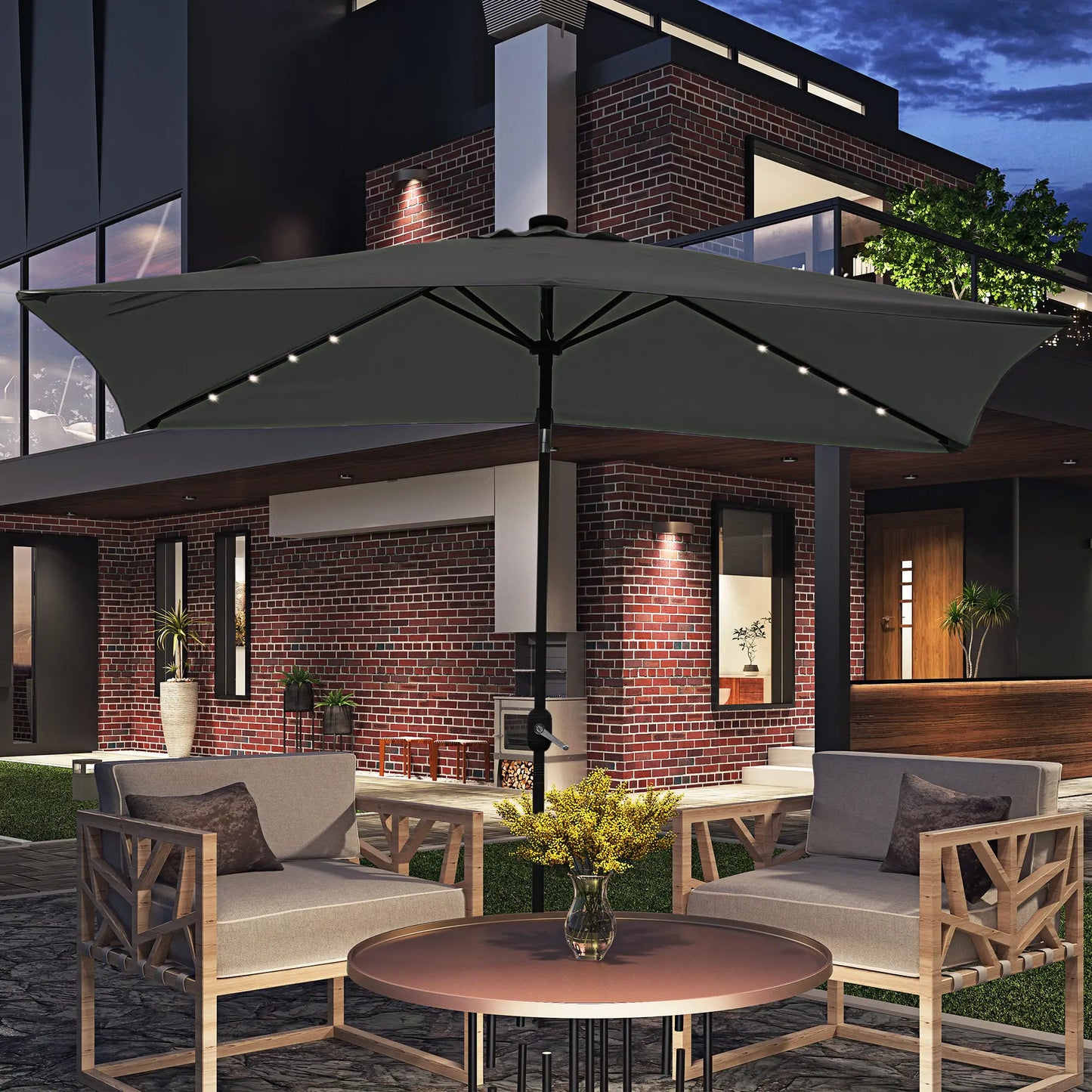 6' x 10' Rectangular Patio Umbrella, 22 LED Solar Lights, Tilt, Crank, Dark Grey Sun Umbrellas at Gallery Canada