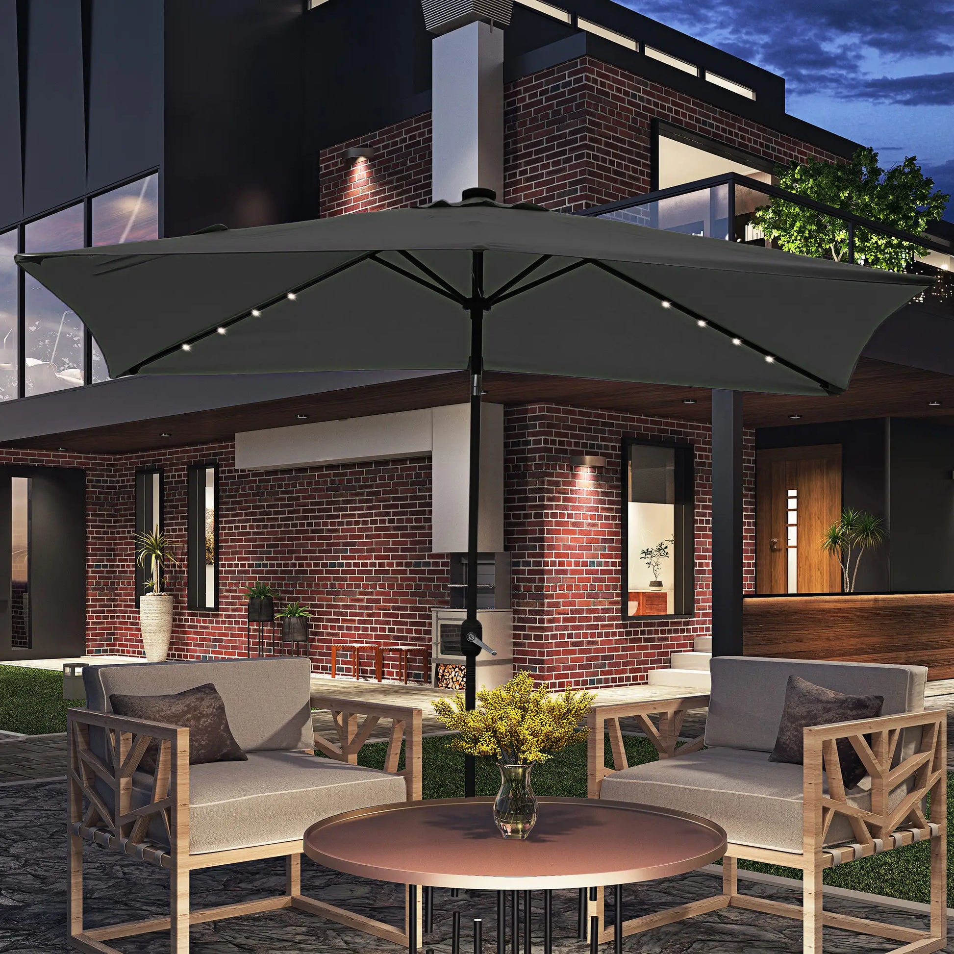 6' x 10' Rectangular Patio Umbrella, 22 LED Solar Lights, Tilt, Crank, Dark Grey Sun Umbrellas at Gallery Canada