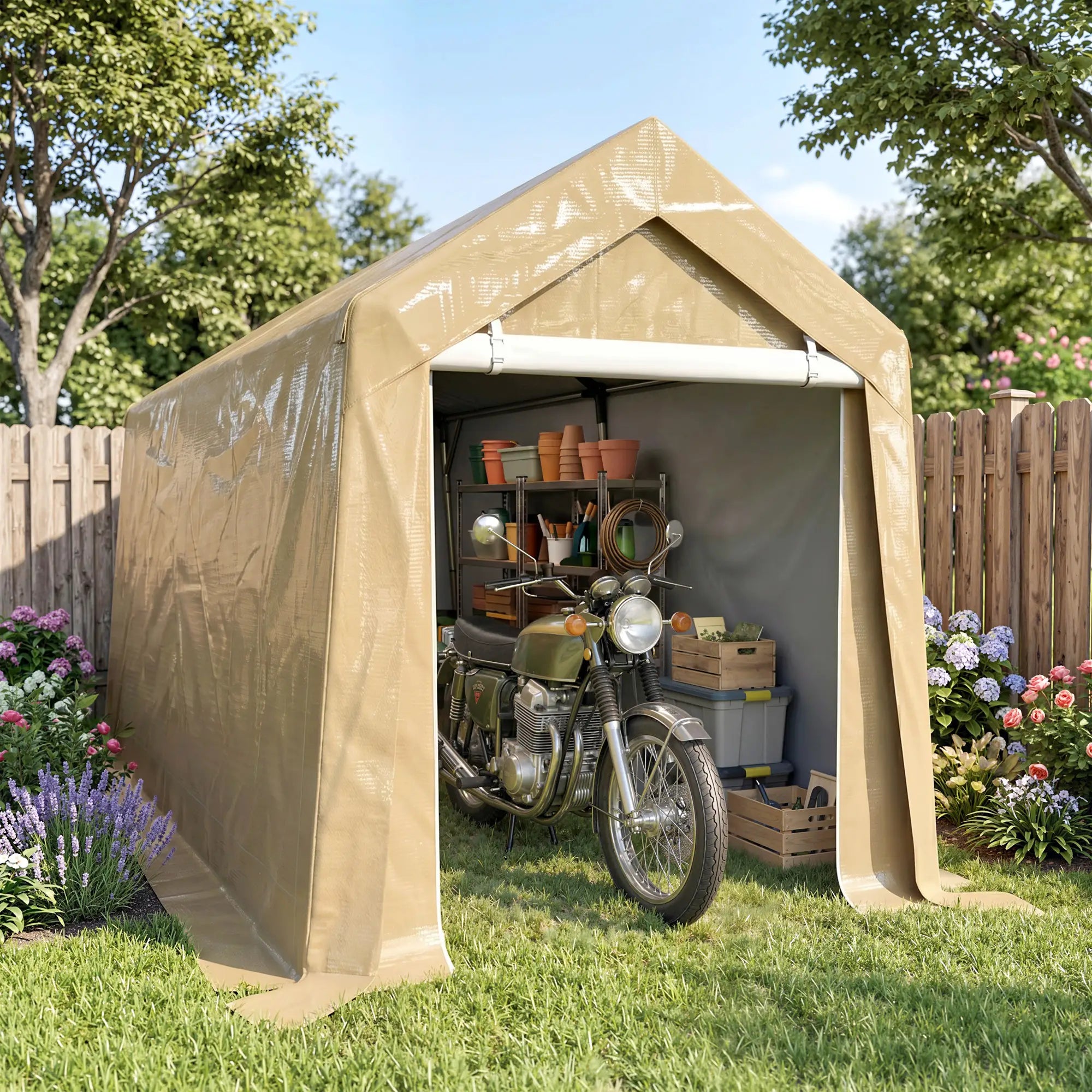 7' x 12' Outdoor Storage Shed, Portable Garage, Roll-up Door, Beige Sheds at Gallery Canada