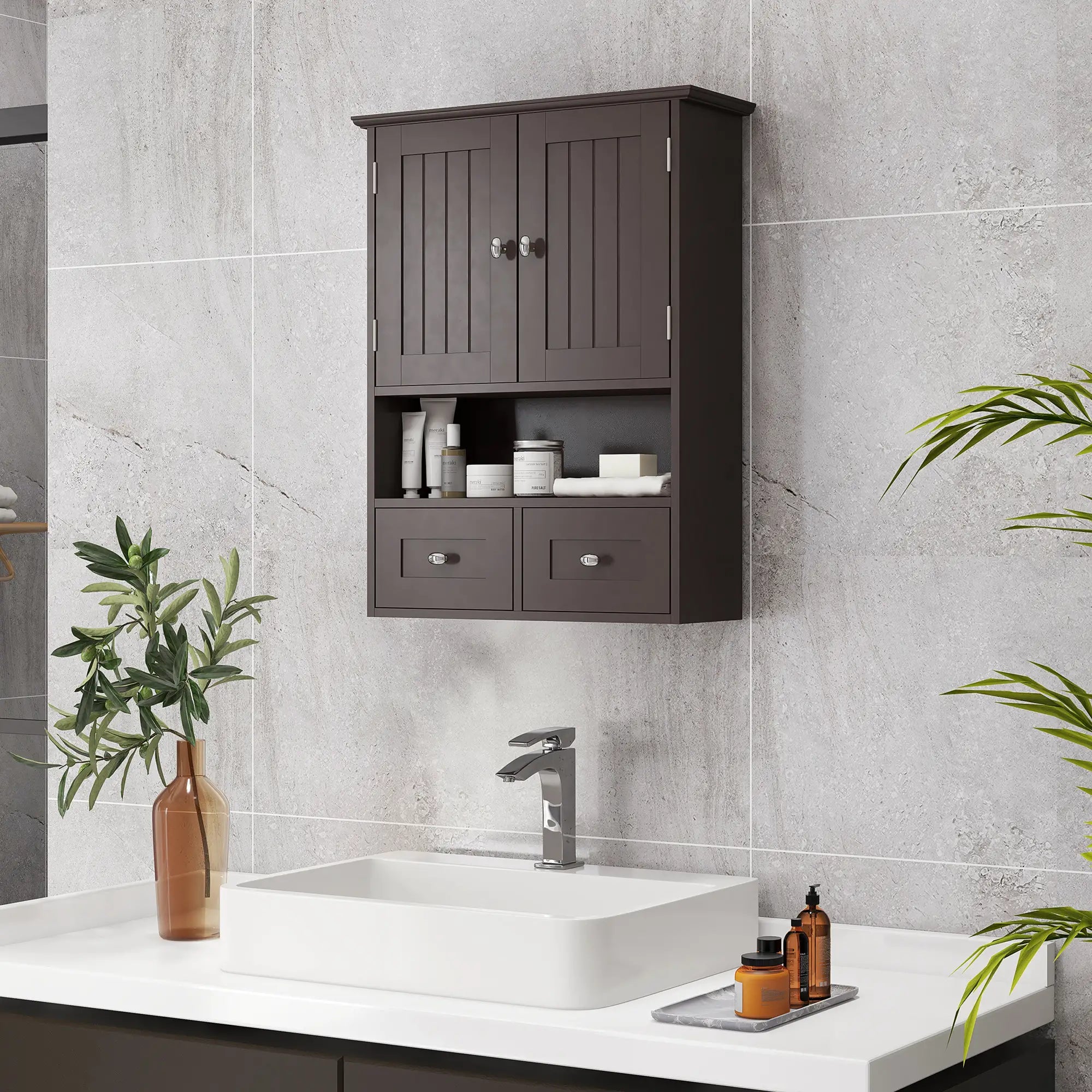 Medicine Cabinet, Bathroom Wall Cabinet with Shelf, Drawers, Brown Wall Mounted Cabinets at Gallery Canada