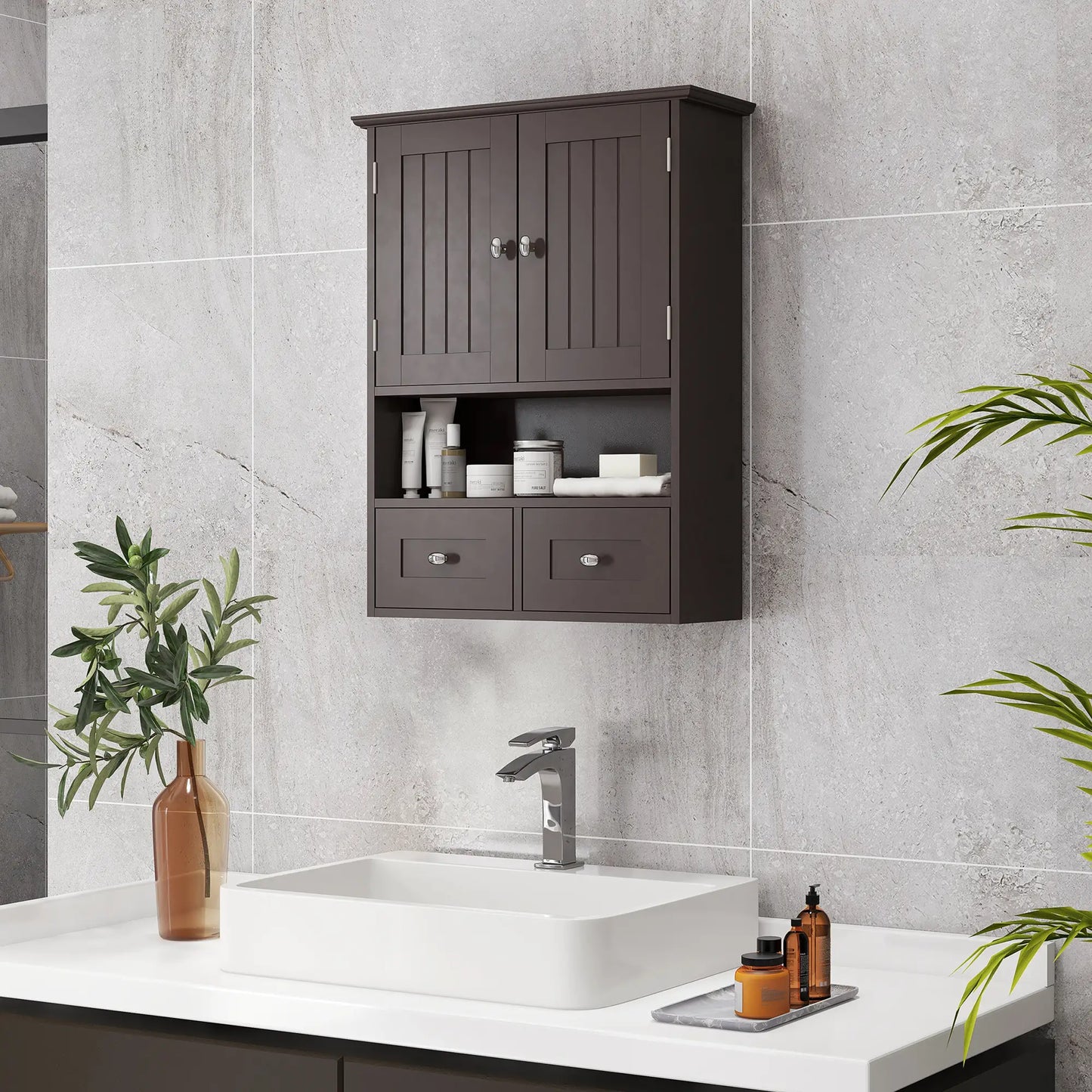 Medicine Cabinet, Bathroom Wall Cabinet with Shelf, Drawers, Brown Wall Mounted Cabinets at Gallery Canada