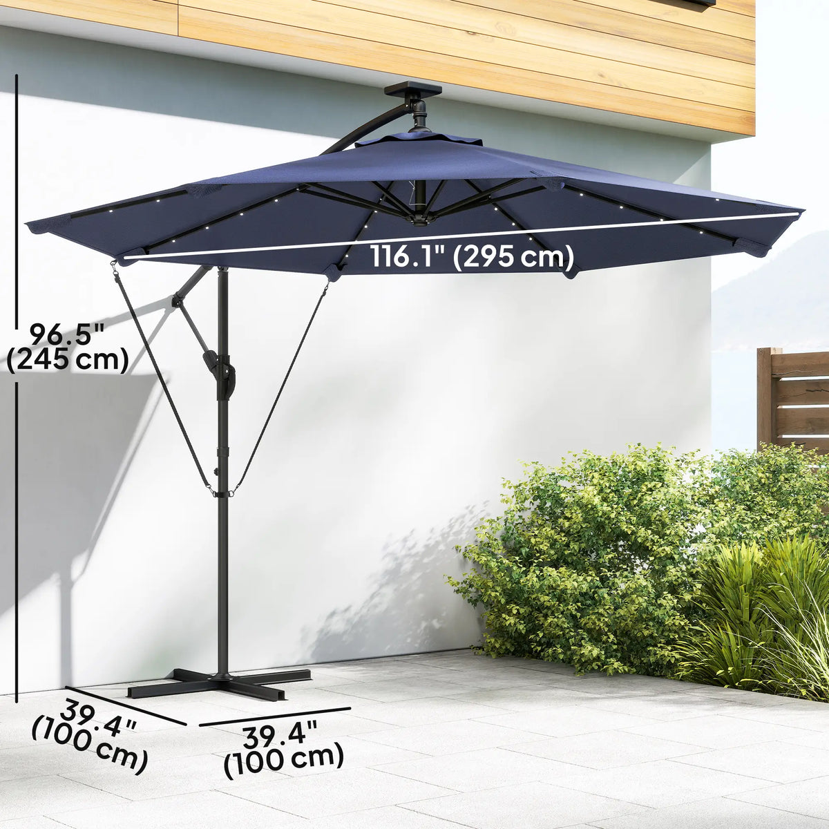 9.7ft Solar LED Cantilever Patio Umbrella, 32 LED Lights, Dark Blue Offset Cantilever Umbrellas at Gallery Canada