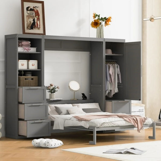 Murphy Bed with Closet, Drawers, Shelves, 120" L x 20" W x 88.5" H, Grey Bed Frames Grey at Gallery Canada