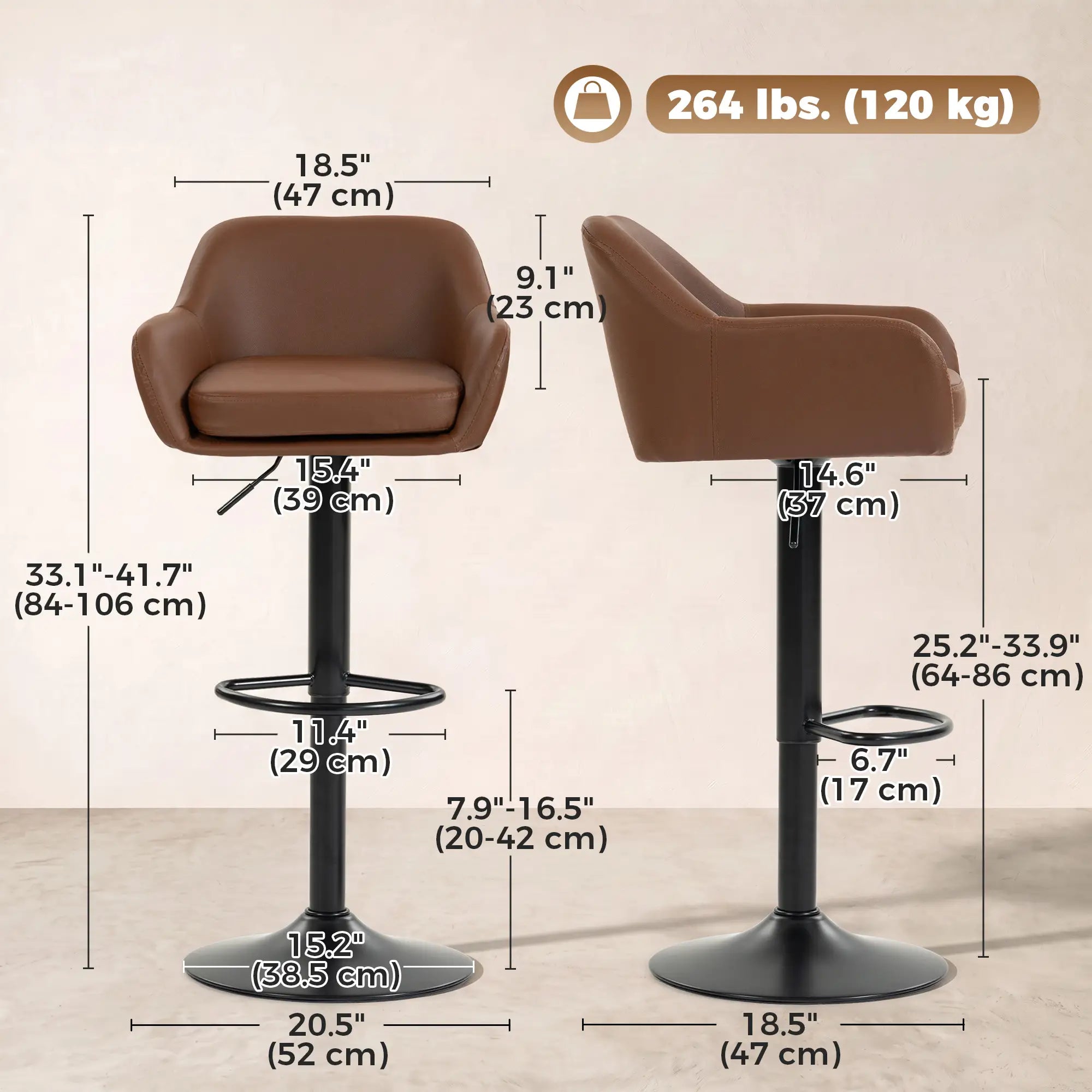 PU Leather Adjustable Swivel Bar Stools Set of 2, Brown Bar Stools at Gallery Canada