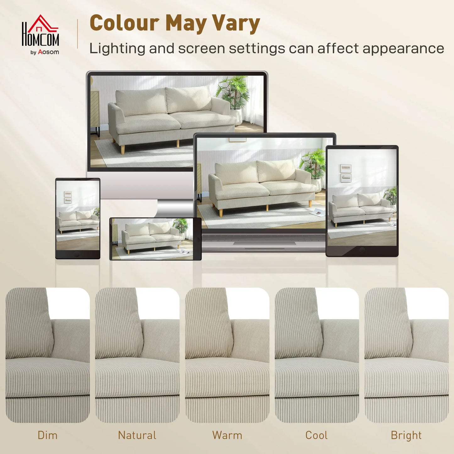 3 Seater Sofa, 74" Corduroy Couch, Solid Wood Legs, Beige 3-Seater Sofas at Gallery Canada