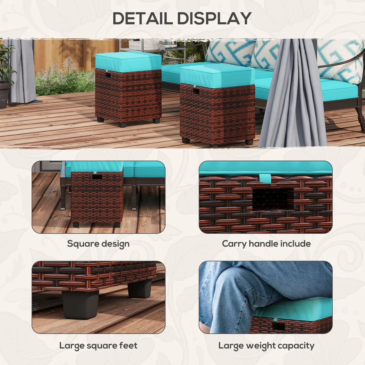 2 Pcs Square PE Rattan Ottoman Set, Outdoor Footrest with Removable Cushion, Sky Blue Patio Furniture Sets at Gallery Canada