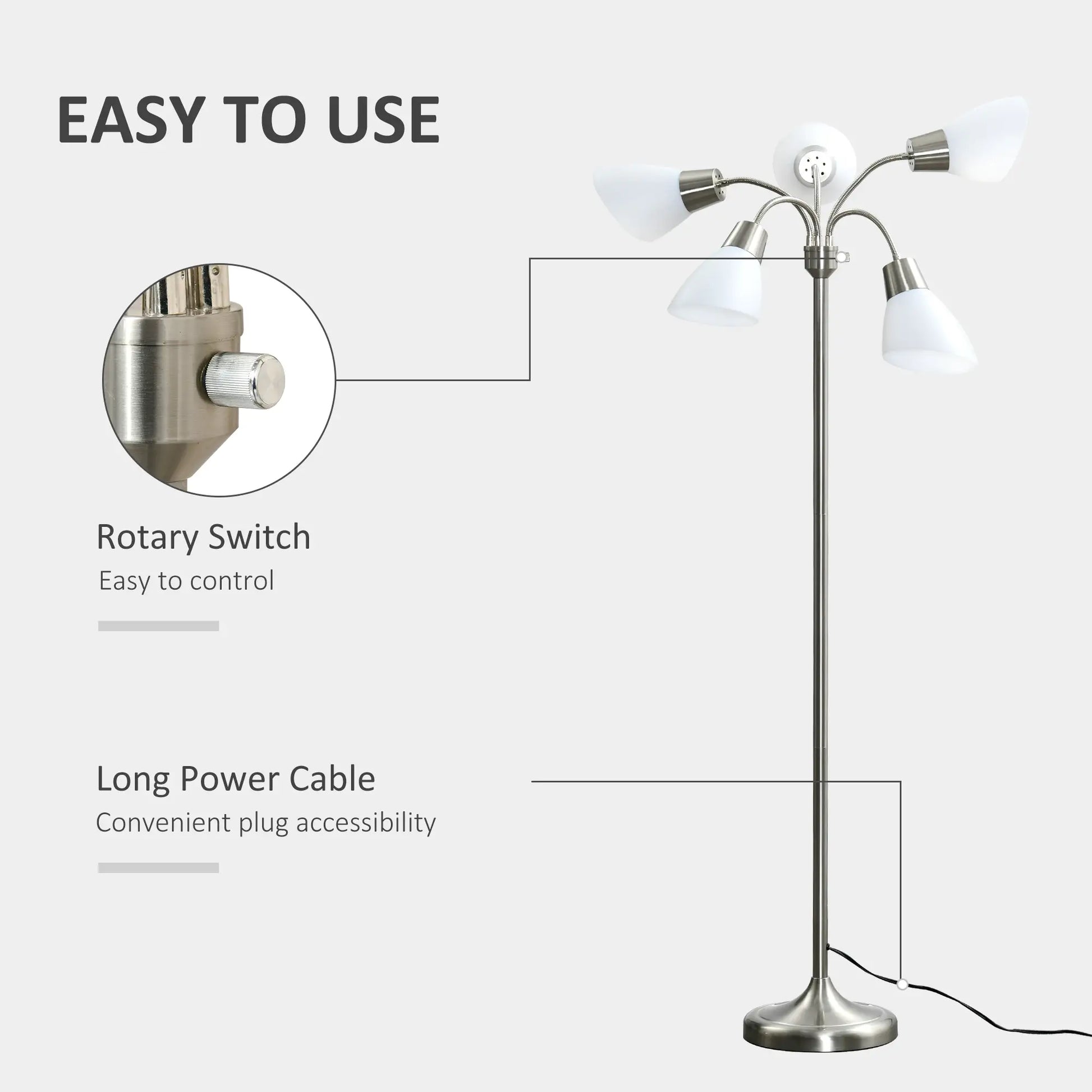 Arc Tree Floor Lamp with 5 Adjustable Rotating Lights, Modern Standing Gooseneck Reading Light for Living Room Bedroom Office, Satin Nickel Floor Lamps & Ceiling Fan Lights at Gallery Canada