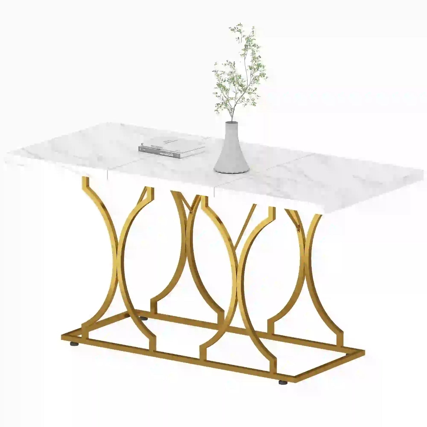 59-Inch Dining Table for 6, Modern Marble-Pattern, White Dining Tables White at Gallery Canada