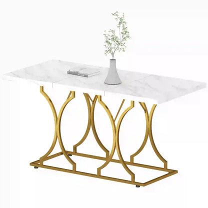 59-Inch Dining Table for 6, Modern Marble-Pattern, White Dining Tables White at Gallery Canada