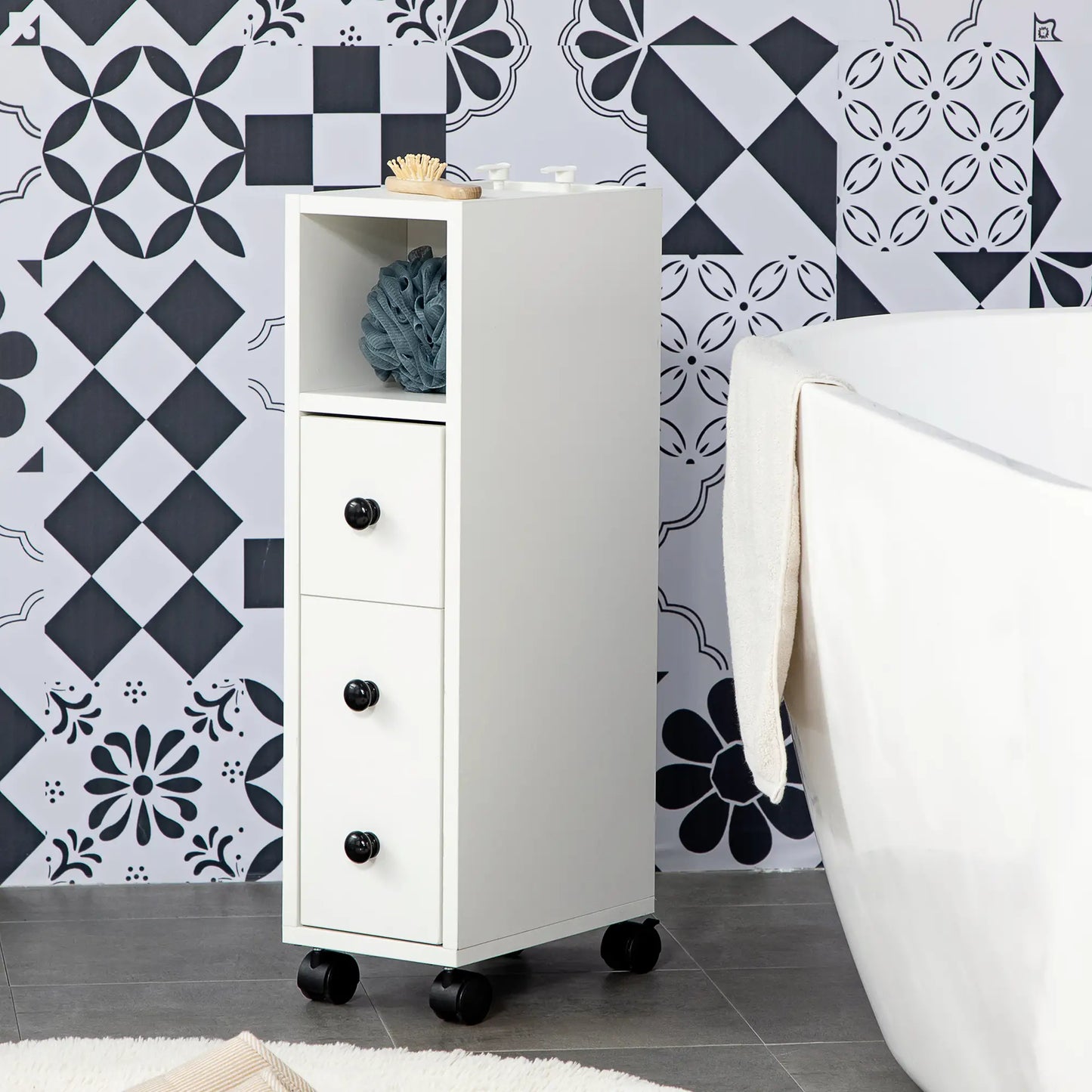 Slim Bathroom Cabinet with Wheels, Door, Drawer, 2 Compartments, White Bathroom Cabinets at Gallery Canada