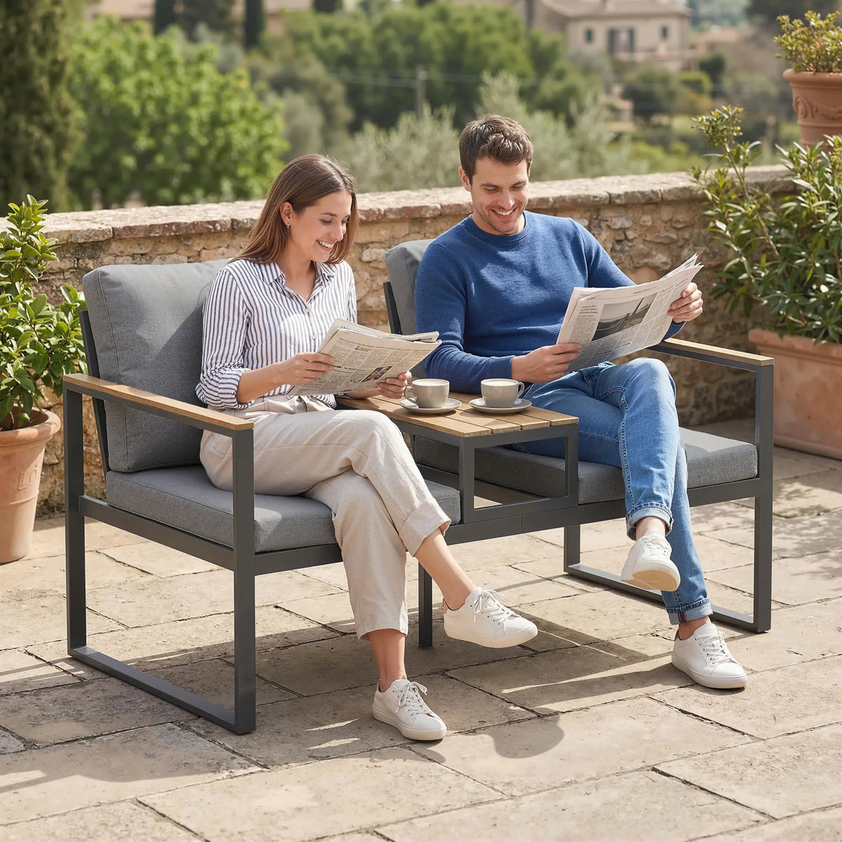 Outdoor Garden Bench With Integrated Table, 2 Seater Patio Loveseat, 136 cm, Grey Outdoor Benches at Gallery Canada