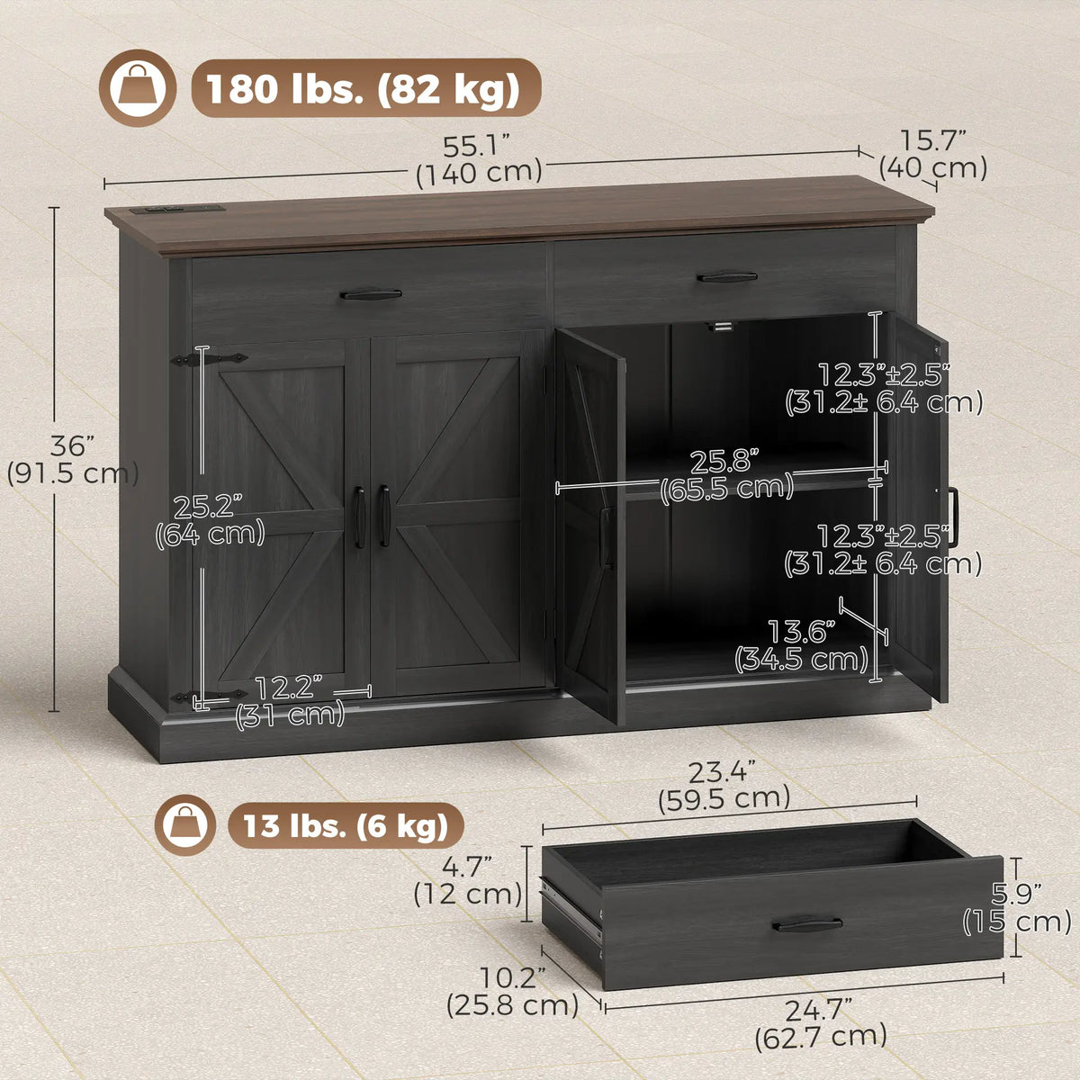 55" Black Buffet Cabinet, Farmhouse Sideboard, 4 Barn Doors, 2 Drawers, Black Storage Cabinets at Gallery Canada