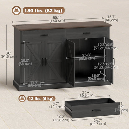 55" Black Buffet Cabinet, Farmhouse Sideboard, 4 Barn Doors, 2 Drawers, Black Storage Cabinets at Gallery Canada