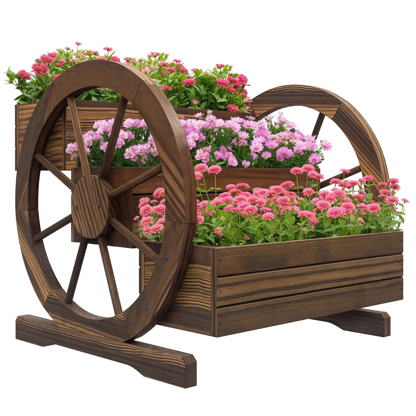 Wooden Wagon Planter Box, 3-Tier Raised Garden Bed, 24" x 24" x 22", Carbonized