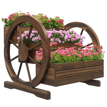 Wooden Wagon Planter Box, 3-Tier Raised Garden Bed, 24" x 24" x 22", Carbonized