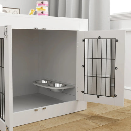 Dog Crate Furniture, 360° Rotatable Bowls, Two Doors, Medium Dogs, 31.5" x 24" x 25", White Houses, Kennels & Pens at Gallery Canada