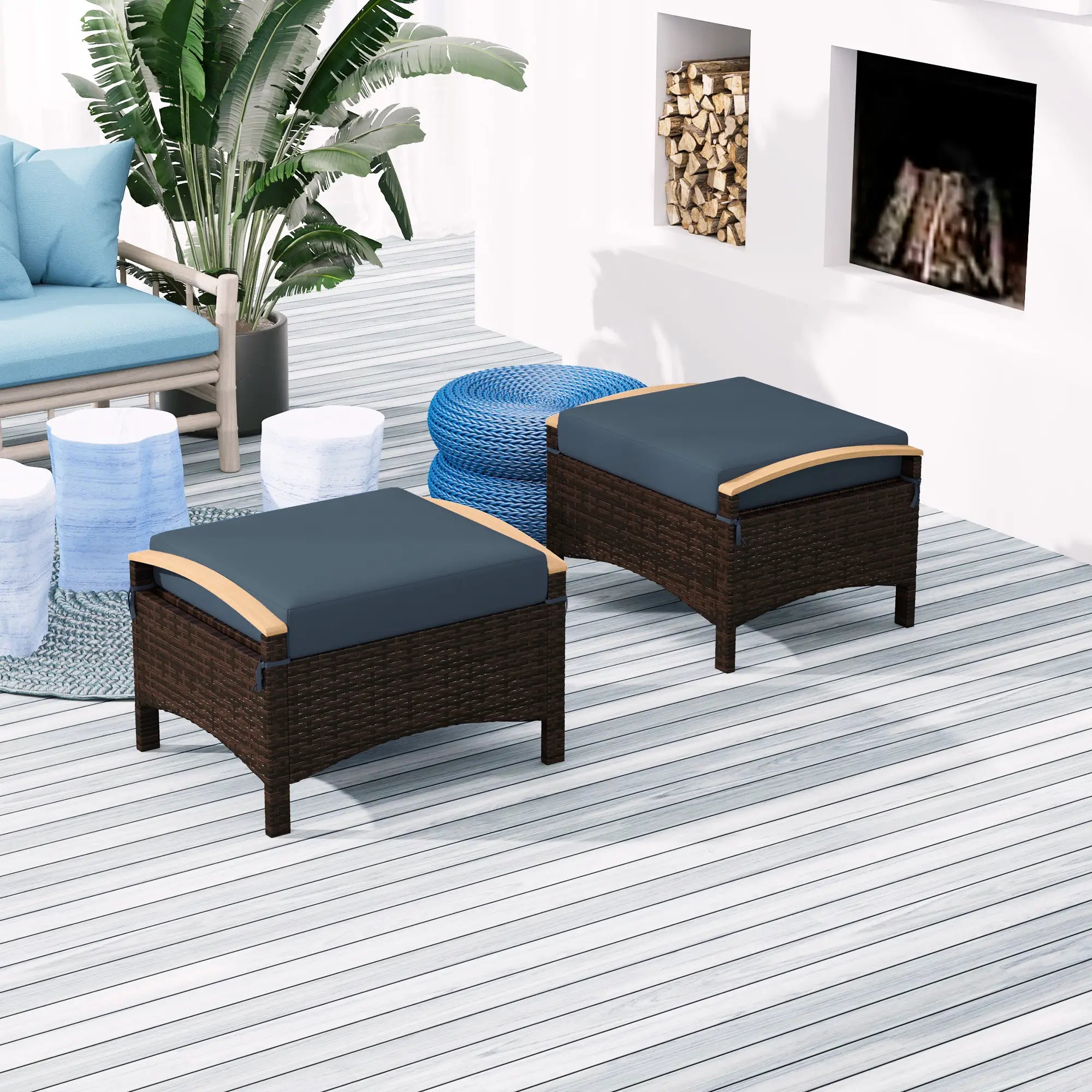 2 Wicker Ottomans, Removable Cushion, Rattan Footstool, Blue Patio Furniture Sets at Gallery Canada
