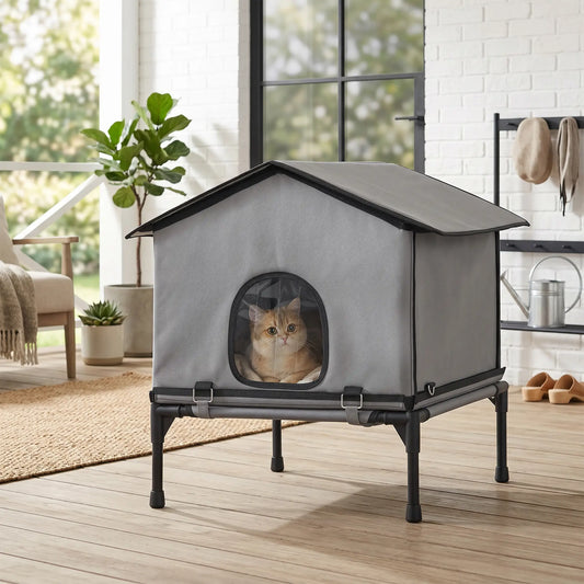Outdoor Cat House, Waterproof Insulated Cat Kennel with Elevated Base, Foldable Feral Kitty Shelter for Kittens, Grey Cat Houses Grey at Gallery Canada