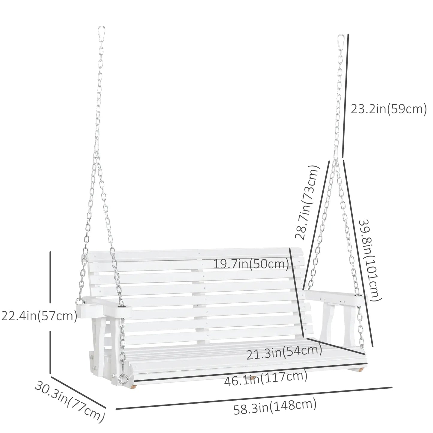 2 Seater Wooden Porch Swing, Outdoor Patio Chair with Cup Holder, White Hanging Porch Swings at Gallery Canada