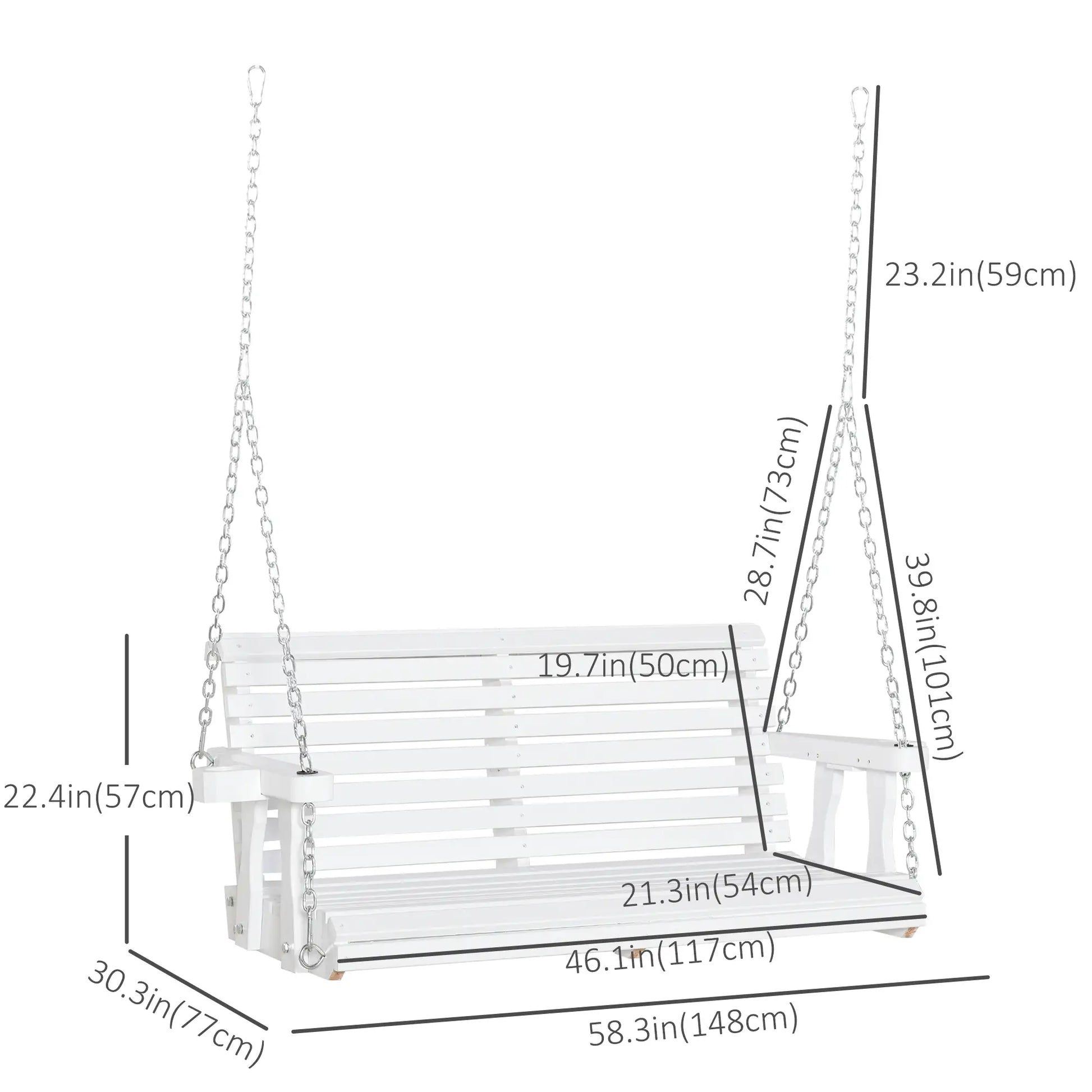 2 Seater Wooden Porch Swing, Outdoor Patio Chair with Cup Holder, White Hanging Porch Swings at Gallery Canada