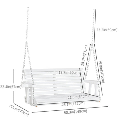 2 Seater Wooden Porch Swing, Outdoor Patio Chair with Cup Holder, White Hanging Porch Swings at Gallery Canada