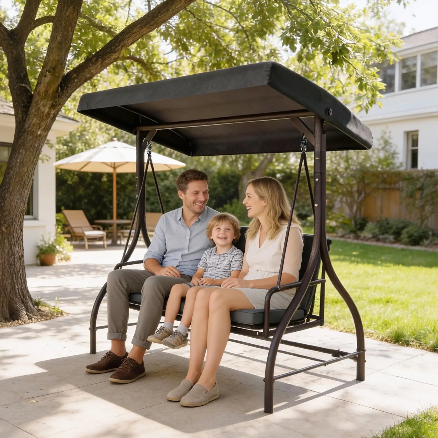 Convertible Patio Swing Bed With Canopy, Cushions, 3 Seater, Dark Grey Patio Swings with Stand at Gallery Canada
