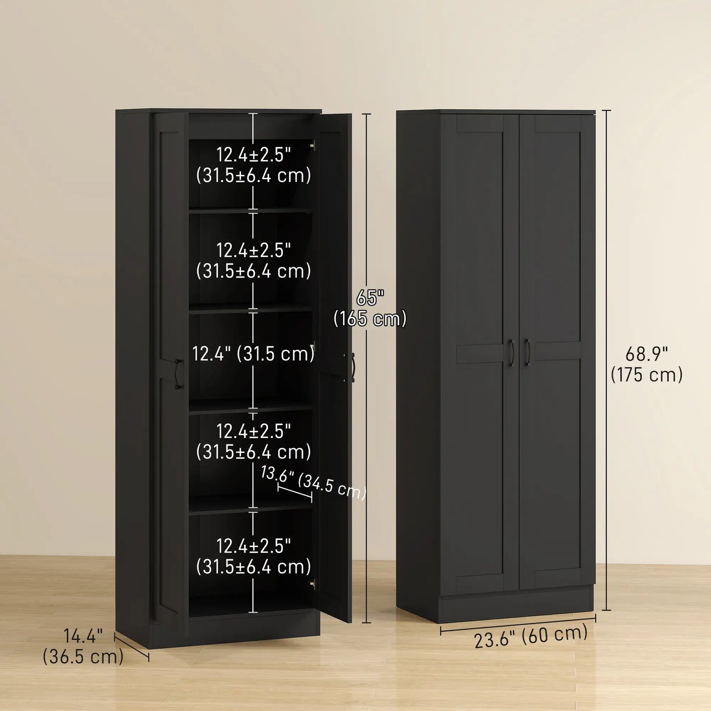69" Tall Pantry Cabinet, Adjustable Shelves, Soft Close Doors, Black Kitchen Pantry Cabinets at Gallery Canada