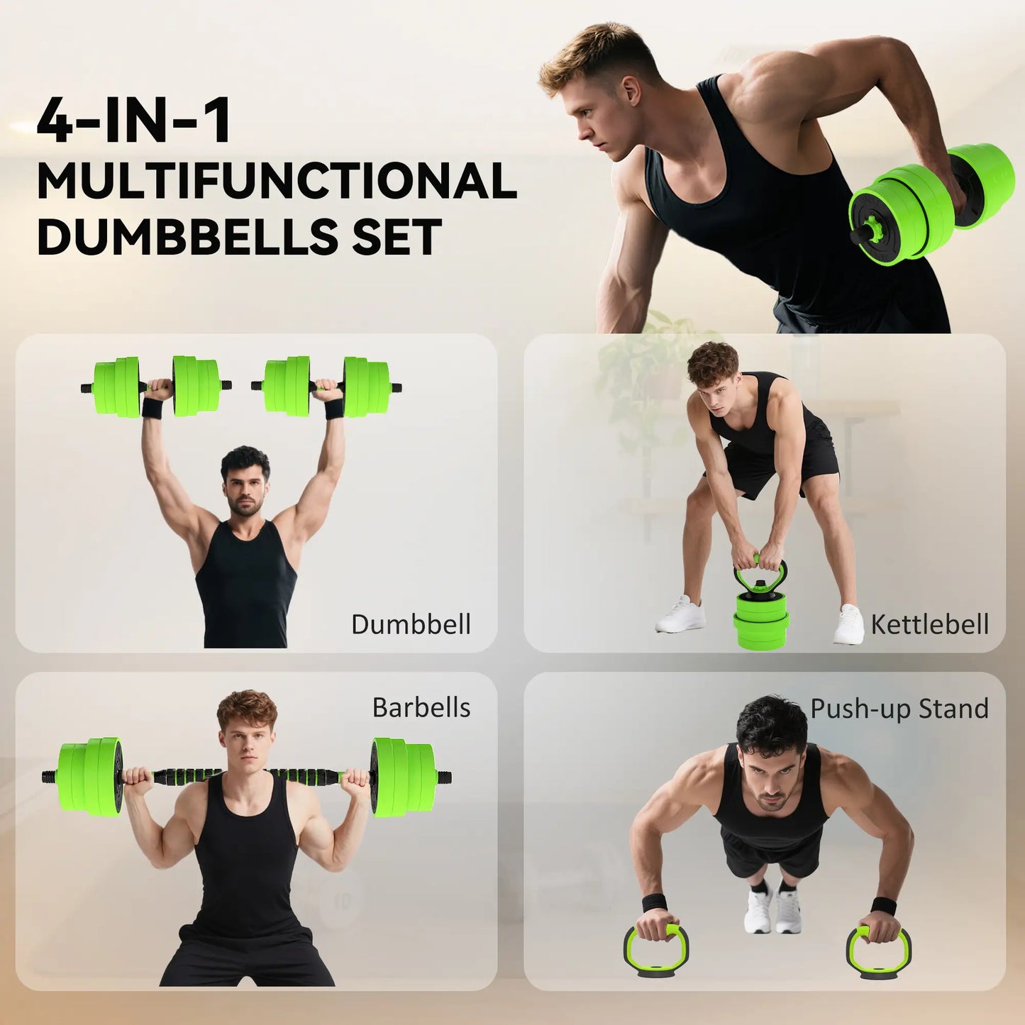 66lbs 4-in-1 Adjustable Dumbbell Set, Barbell, Kettlebell, Green Dumbbells & Barbells at Gallery Canada