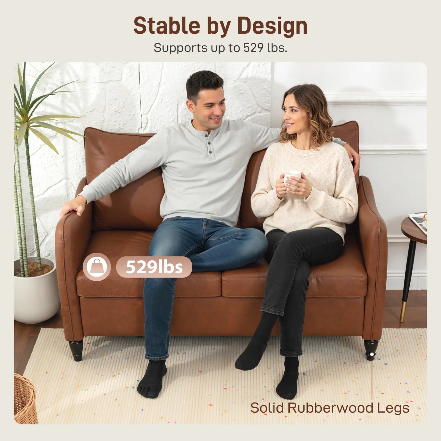 55" Loveseat Sofa, 2 Seater with Wood Legs, PU Leather, Brown 2-Seater Sofas at Gallery Canada
