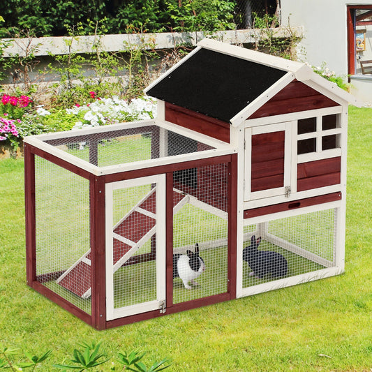 48" Weatherproof Wooden Rabbit Hutch Bunny Cage Small Animal House with Slant Roof And Screened Outdoor Run, Brown - Gallery Canada