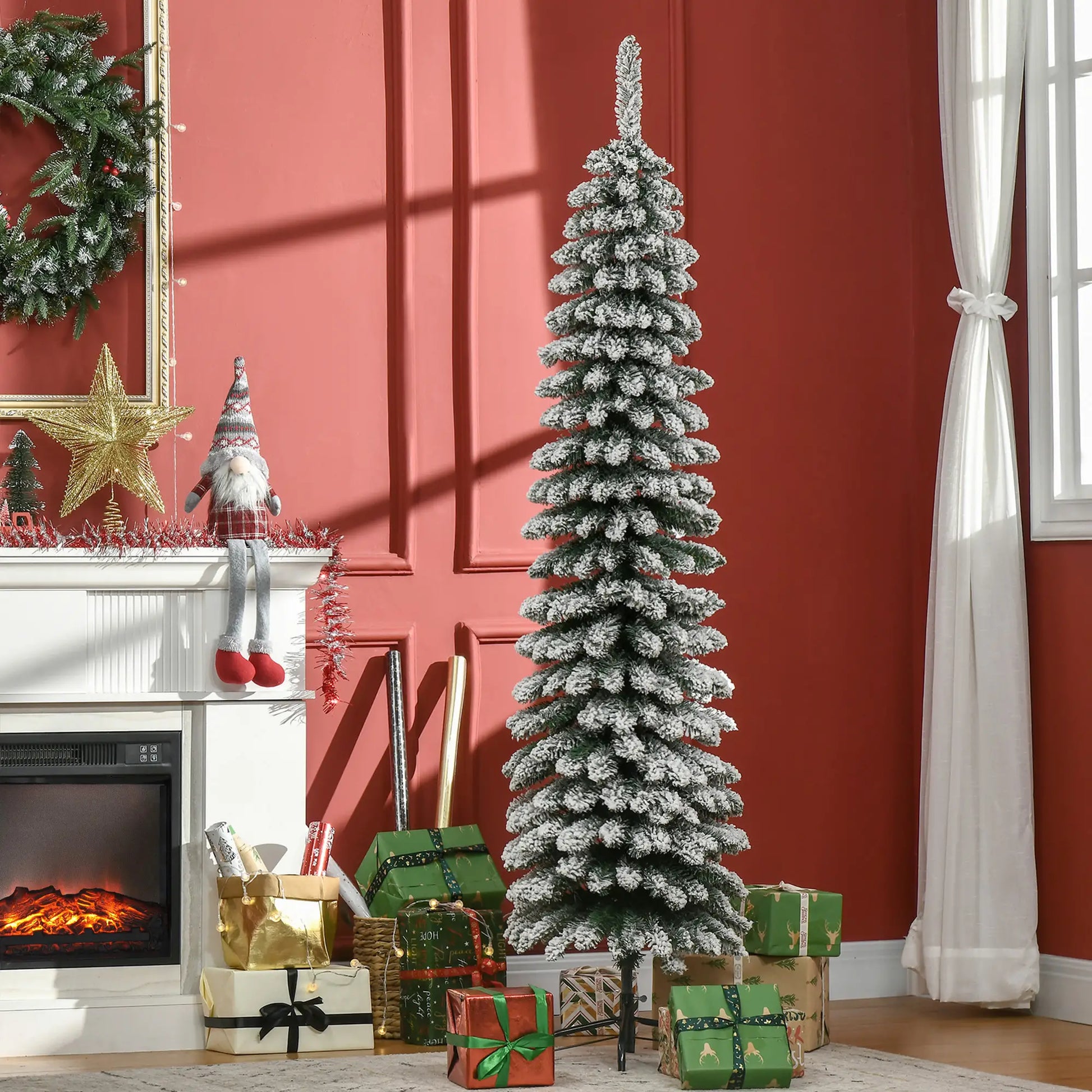 6 Ft Snow-Flocked Artificial Christmas Tree, Slim Pencil, Metal Base, Green Artificial Christmas Trees at Gallery Canada