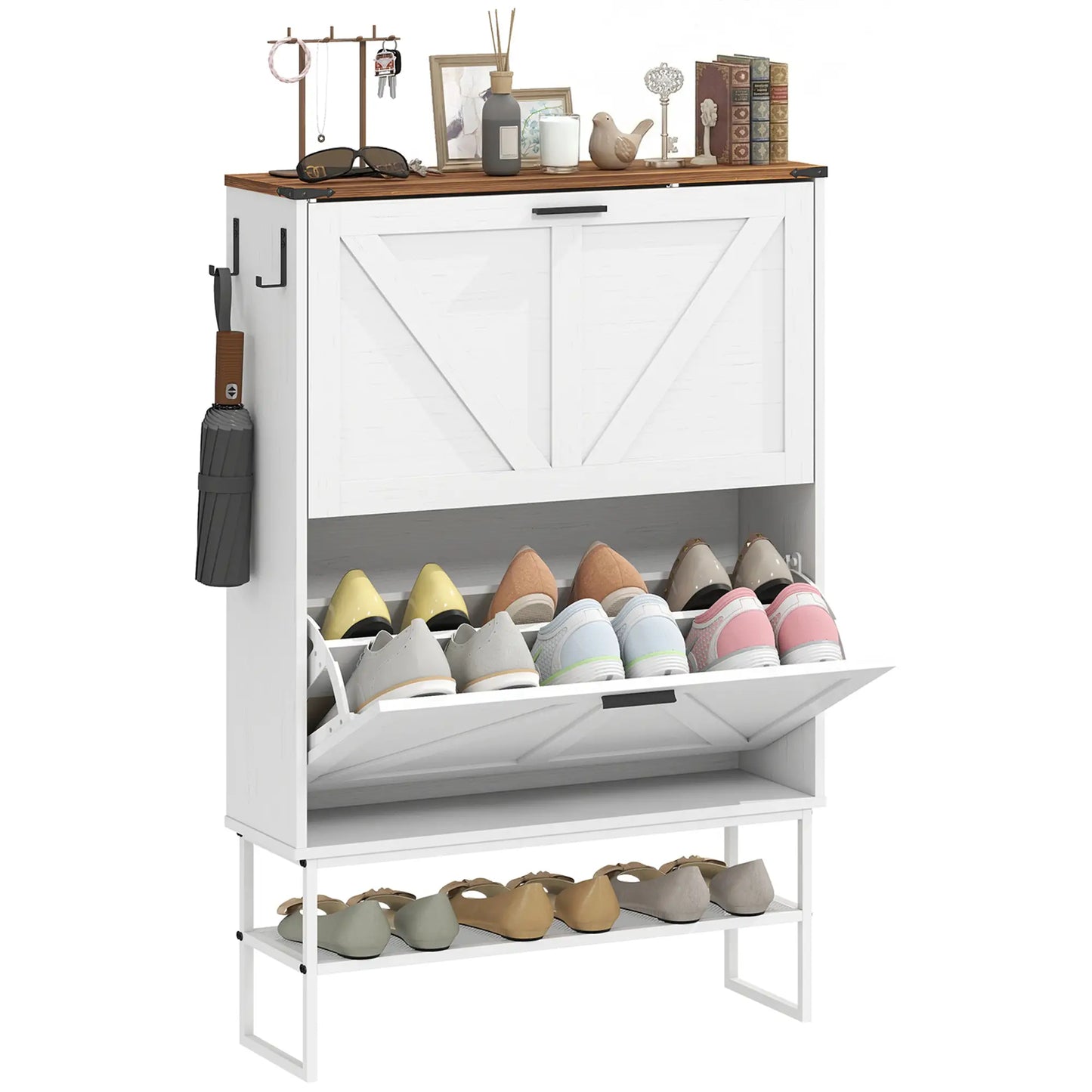 Narrow Shoe Cabinet with 2 Flip Drawers, Slim, White Wood Grain, White Shoe Storage Cabinets & Racks at Gallery Canada