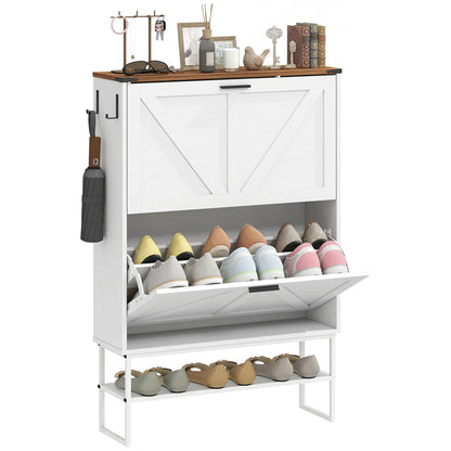 Narrow Shoe Cabinet with 2 Flip Drawers, Slim, White Wood Grain, White Shoe Storage Cabinets & Racks at Gallery Canada