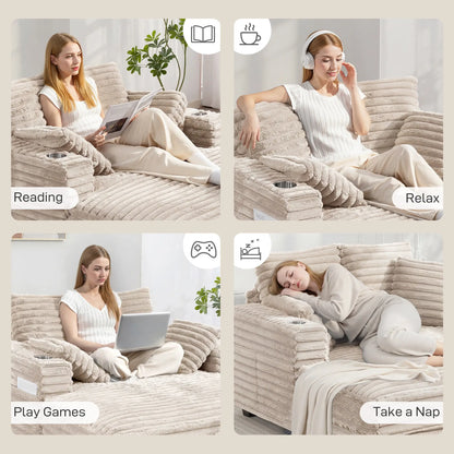 60" Chaise Lounge Chair, Upholstered Sofa Bed With Cup Holders, Beige Sofas & Reclining Chairs at Gallery Canada