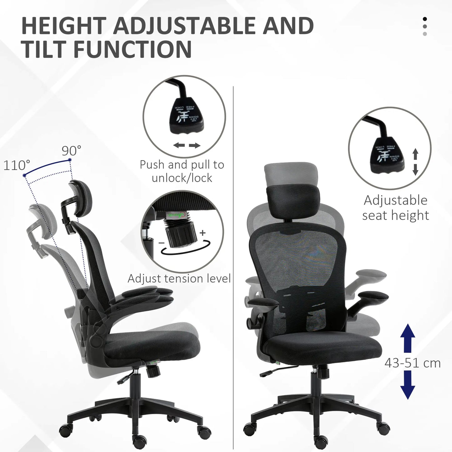 Mesh Office Chair, Adjustable Headrest, 4D Lumbar Support, Flip-Up Arm, Black Office Chairs at Gallery Canada