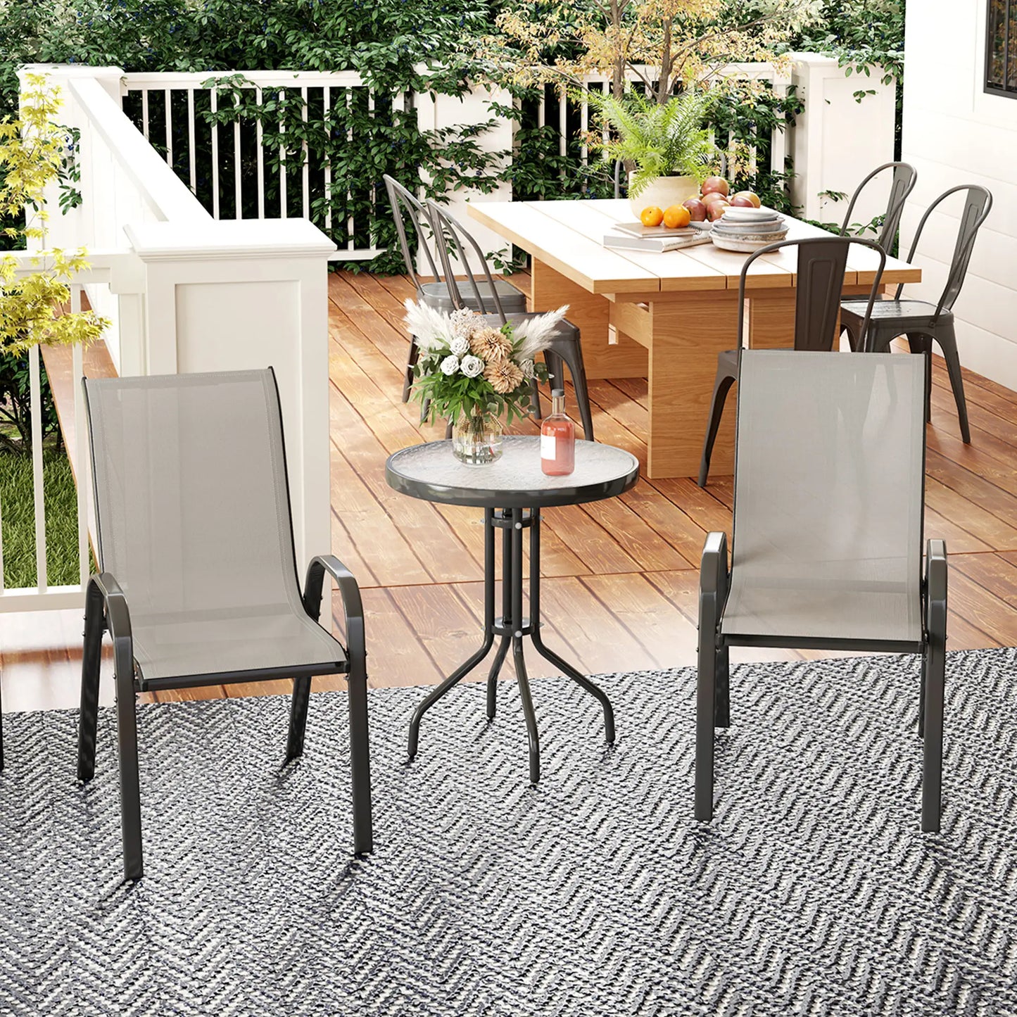 3 Piece Bistro Set, Small Patio Furniture, Stackable Mesh Chairs, Glass Table, Light Grey Bistro Sets at Gallery Canada