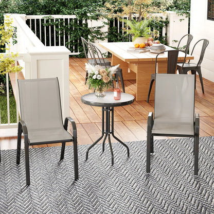 3 Piece Bistro Set, Small Patio Furniture, Stackable Mesh Chairs, Glass Table, Light Grey Bistro Sets at Gallery Canada