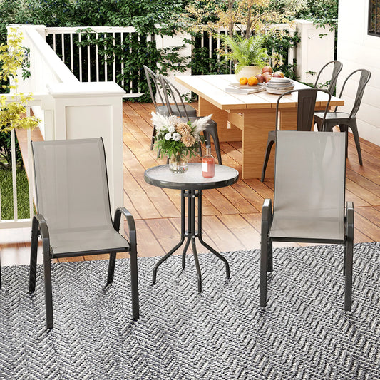 3 Piece Bistro Set, Small Patio Furniture, Stackable Mesh Chairs, Glass Table, Light Grey Bistro Sets Light Grey, Black at Gallery Canada
