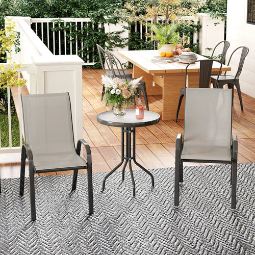 3 Piece Bistro Set, Small Patio Furniture, Stackable Mesh Chairs, Glass Table, Light Grey