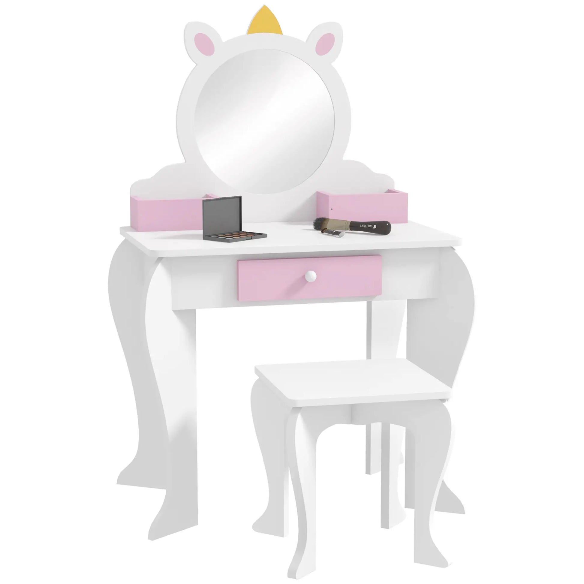 Kids Makeup Vanity Set with Stool, Mirror, Drawer, Unicorn Design, White Toy Vanity at Gallery Canada